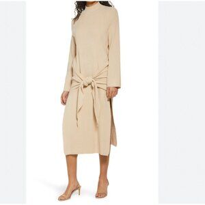 SNDYS TIED UP RIBBED LONG SLEEVE MIDI SWEATER DRESS IN BEIGE - S
